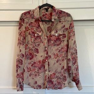 True Religion: pink, cream and purple flower button up shirt. Size XS